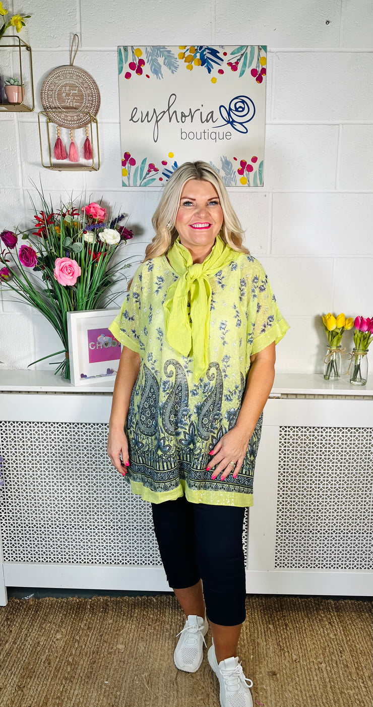 Dawn Paisley Tee With Scarf - Lime Green
