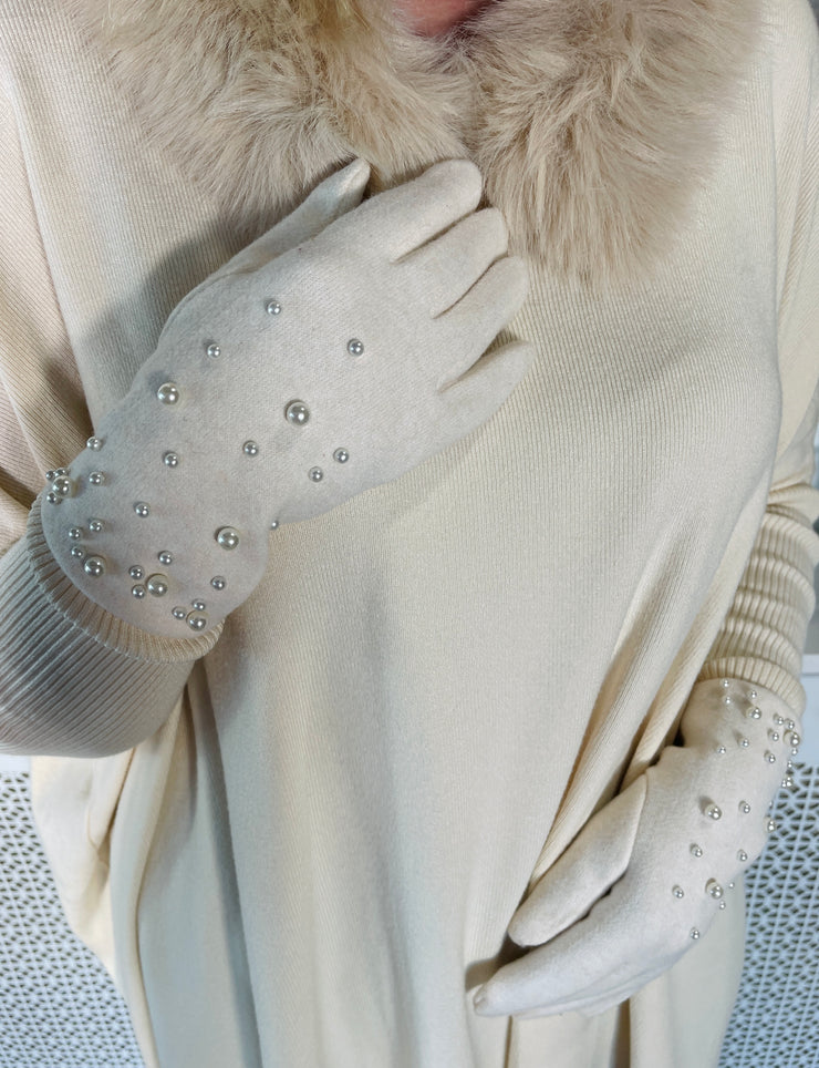 Soft Touch Pearl Embellished Gloves - Cream