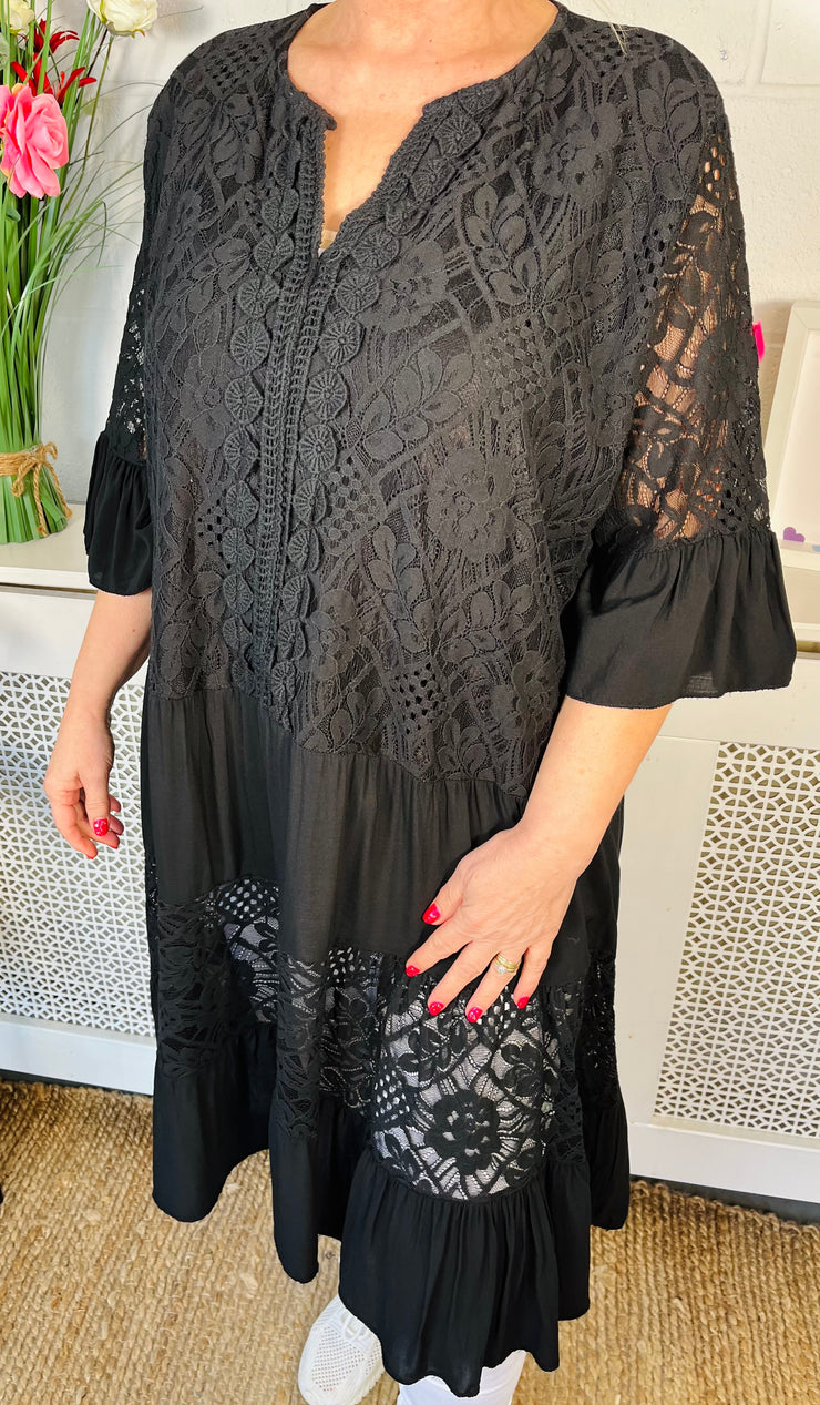 Delia Lace Tunic Dress - Black