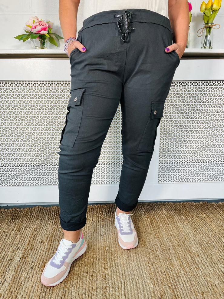 Charcoal magic stretchy cargo pants with side pockets and elasticated waist