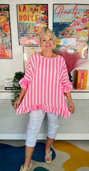 Viva Striped Cotton Top - Neon Pink