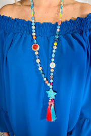 Daisy Chain Tassel Necklace - Electric Blue