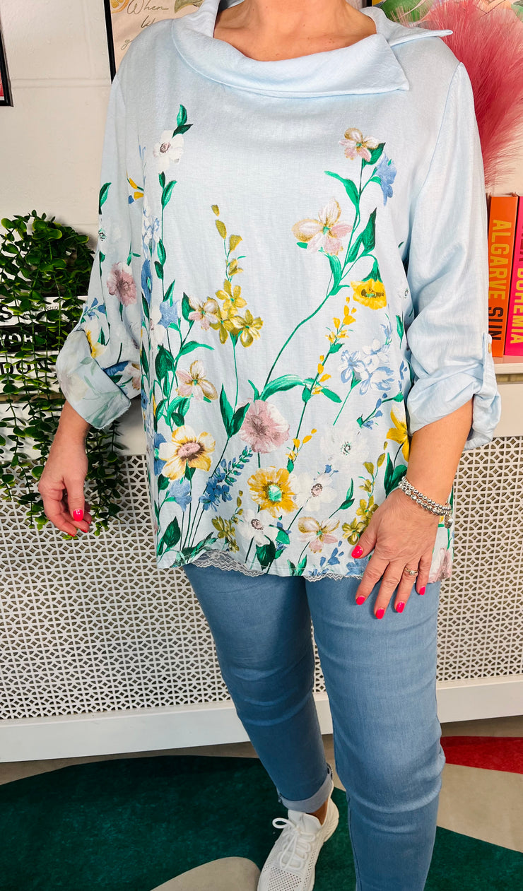 Rosy Glow Floral Top - Baby Blue