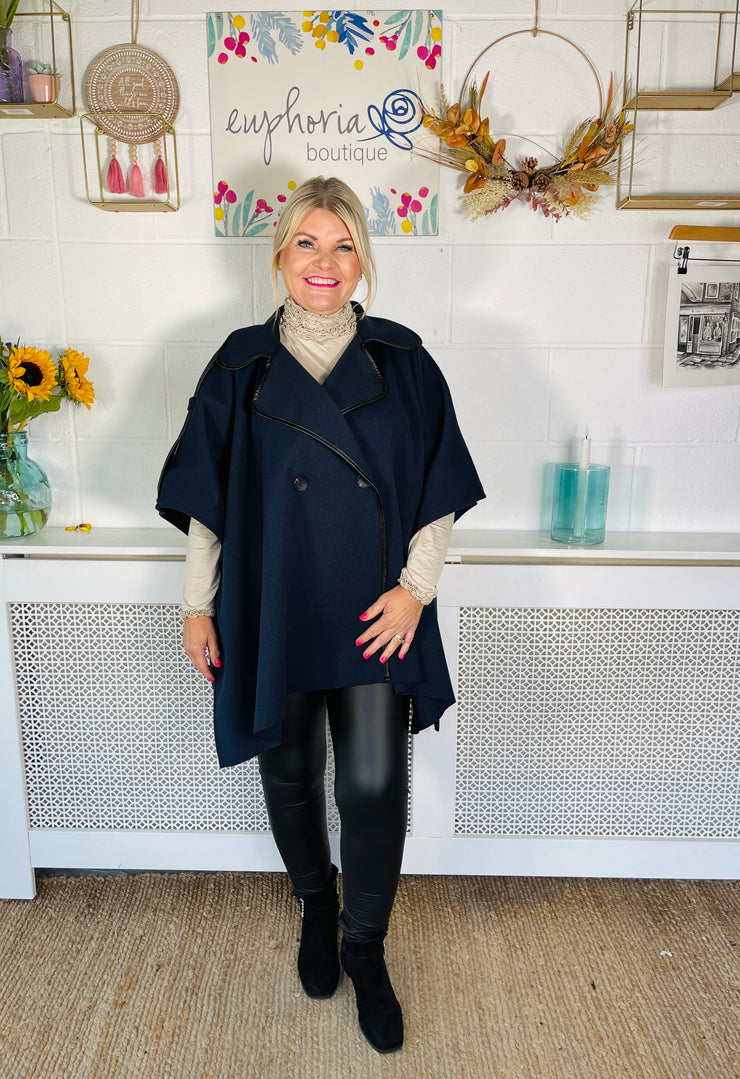 Antonia Luxury Cape Coat - Navy