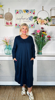ladies navy free size relaxed fitted midi dress with long sleeves