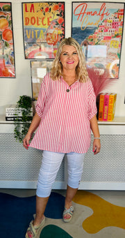 The Button Bay Striped Top - Lipstick Pink