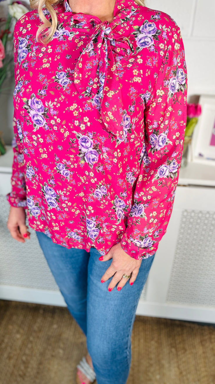 Holly Floral Bubble Hem Top - Hot Pink