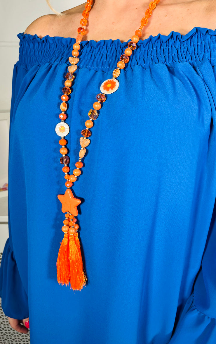 Daisy Chain Tassel Necklace - Orange