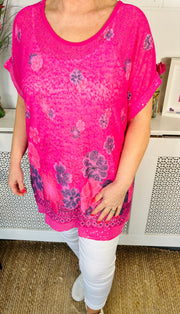 Cora Floral Tee With Scarf - Hot Pink
