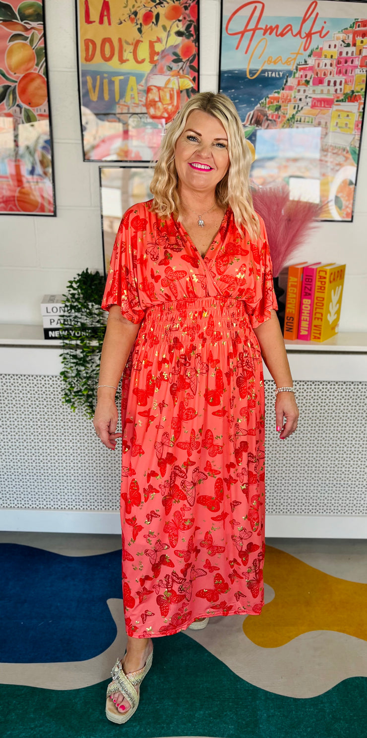 Dancing Wings Maxi Dress - Coral