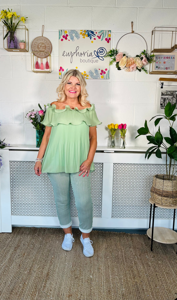Whispering Ruffles Bardot top - Sage Green