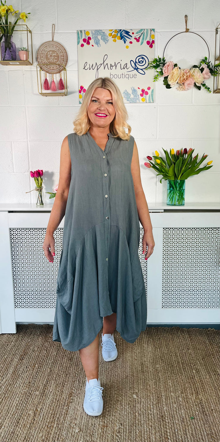 Clean And Crisp Button Up Dress - Grey