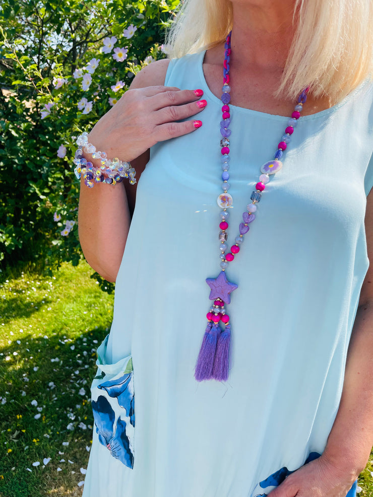 Daisy Chain Tassel Necklace - Purple