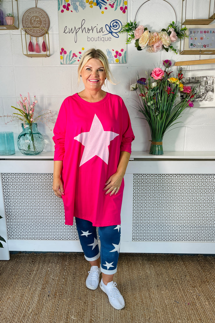Chalky Star Oversized Casual Sweater - Hot Pink