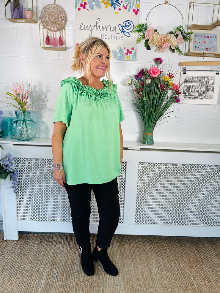 Alison Ruffle Trim Bardot Top - Meadow Green