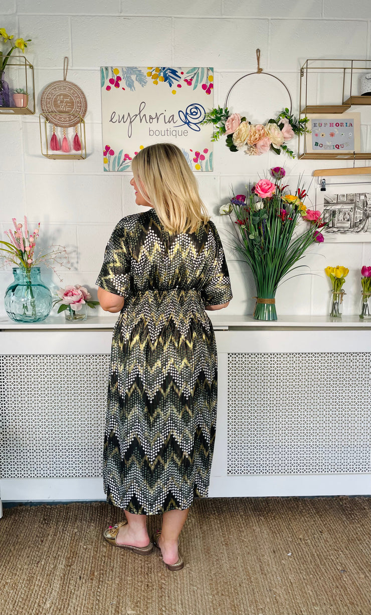 View from back of Metallic khaki patterned Free size midi dress with short sleeves