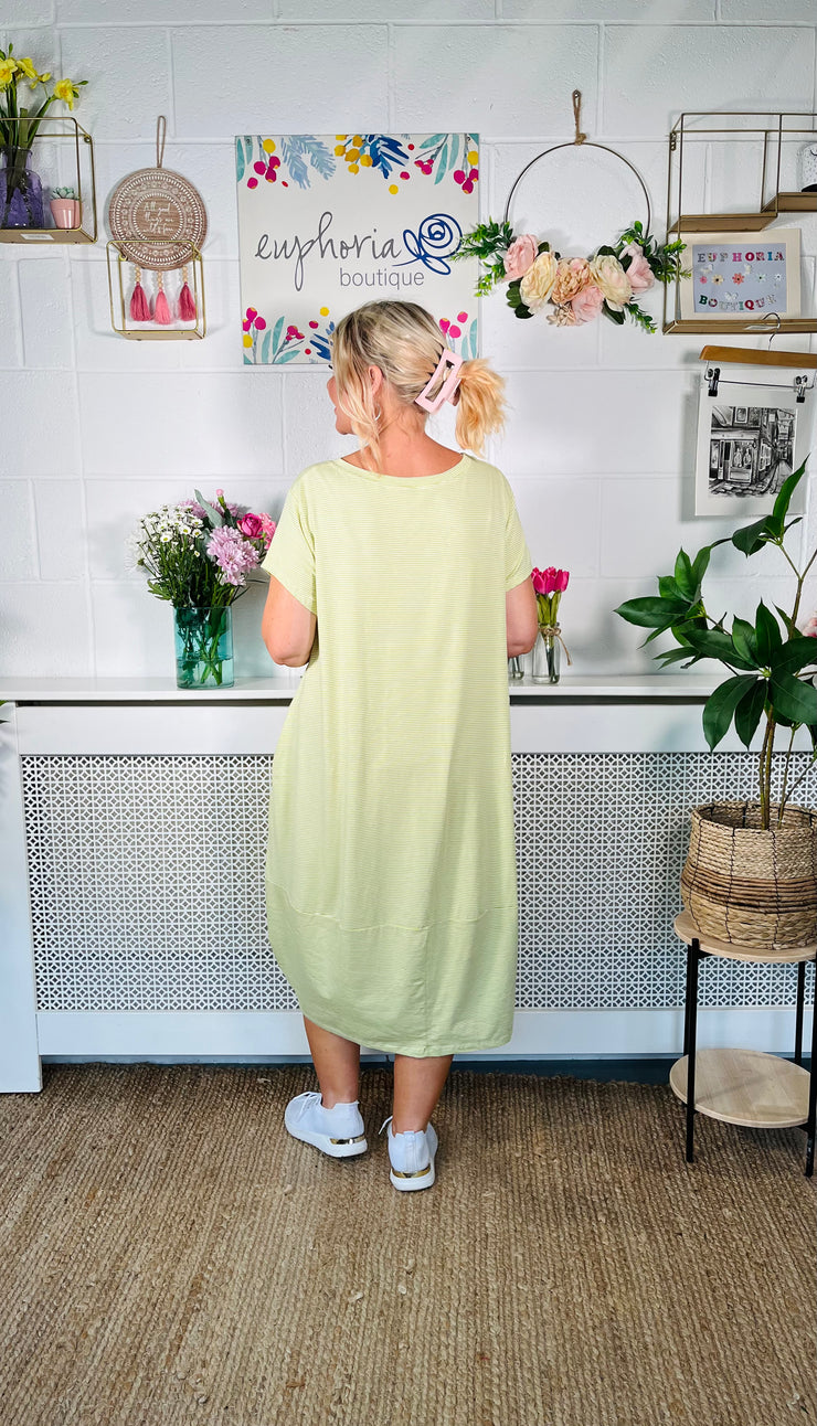 Playful Pinstripe T-Shirt Dress - Lime Green