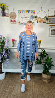 Edgy Sliced Cotton Top - Denim Blue