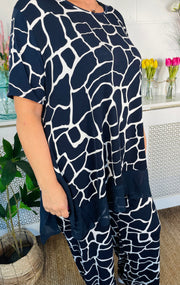 Molly Ruffle Trim Top - Navy Safari Print