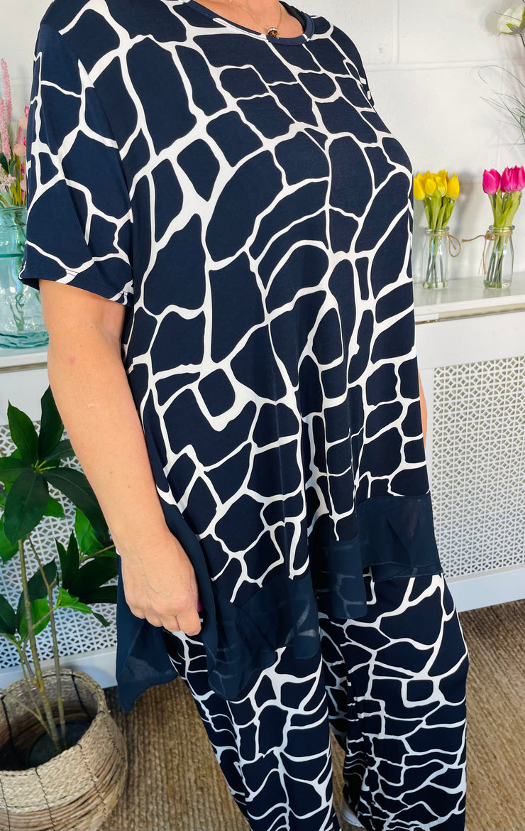 Molly Ruffle Trim Top - Navy Safari Print