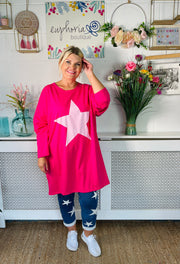 Chalky Star Oversized Casual Sweater - Hot Pink