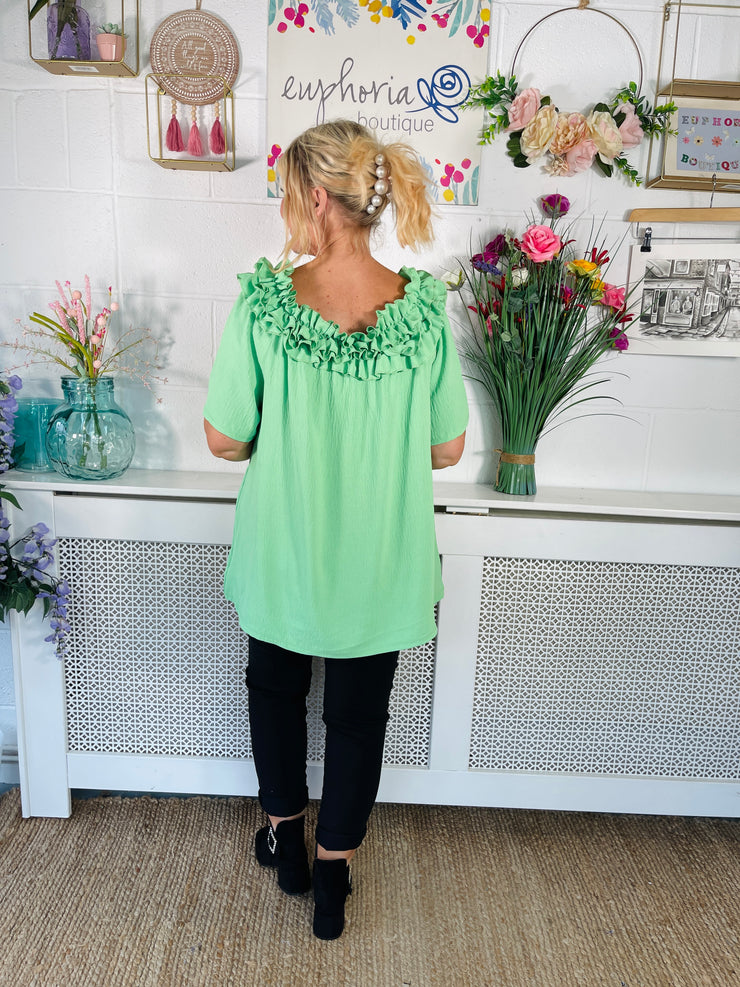Alison Ruffle Trim Bardot Top - Meadow Green