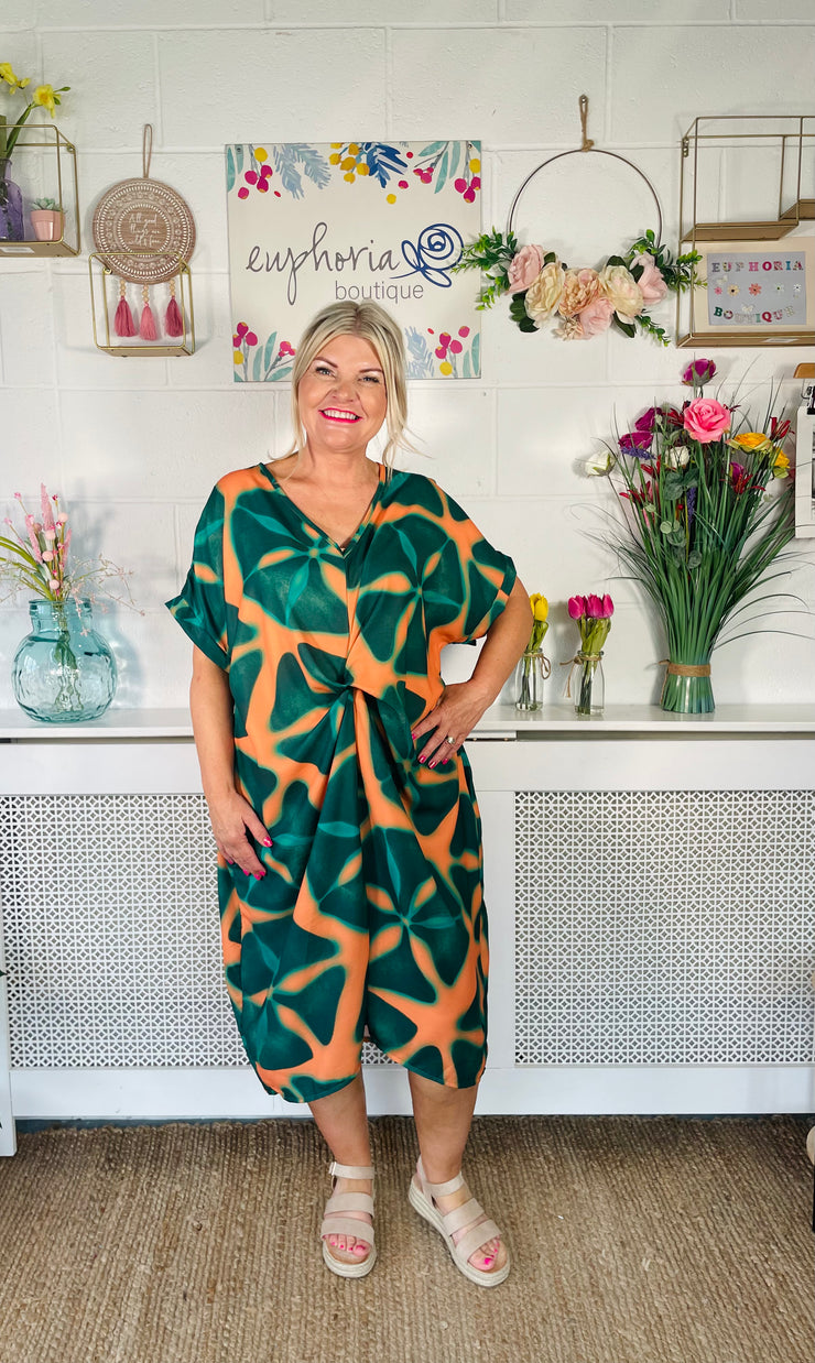 Flattering Fall Twist Front Dress - Green
