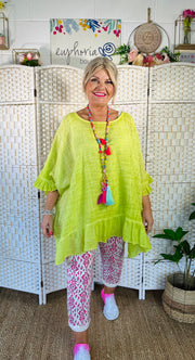 Talia Ruffle Trim Cotton Top - Lime Green