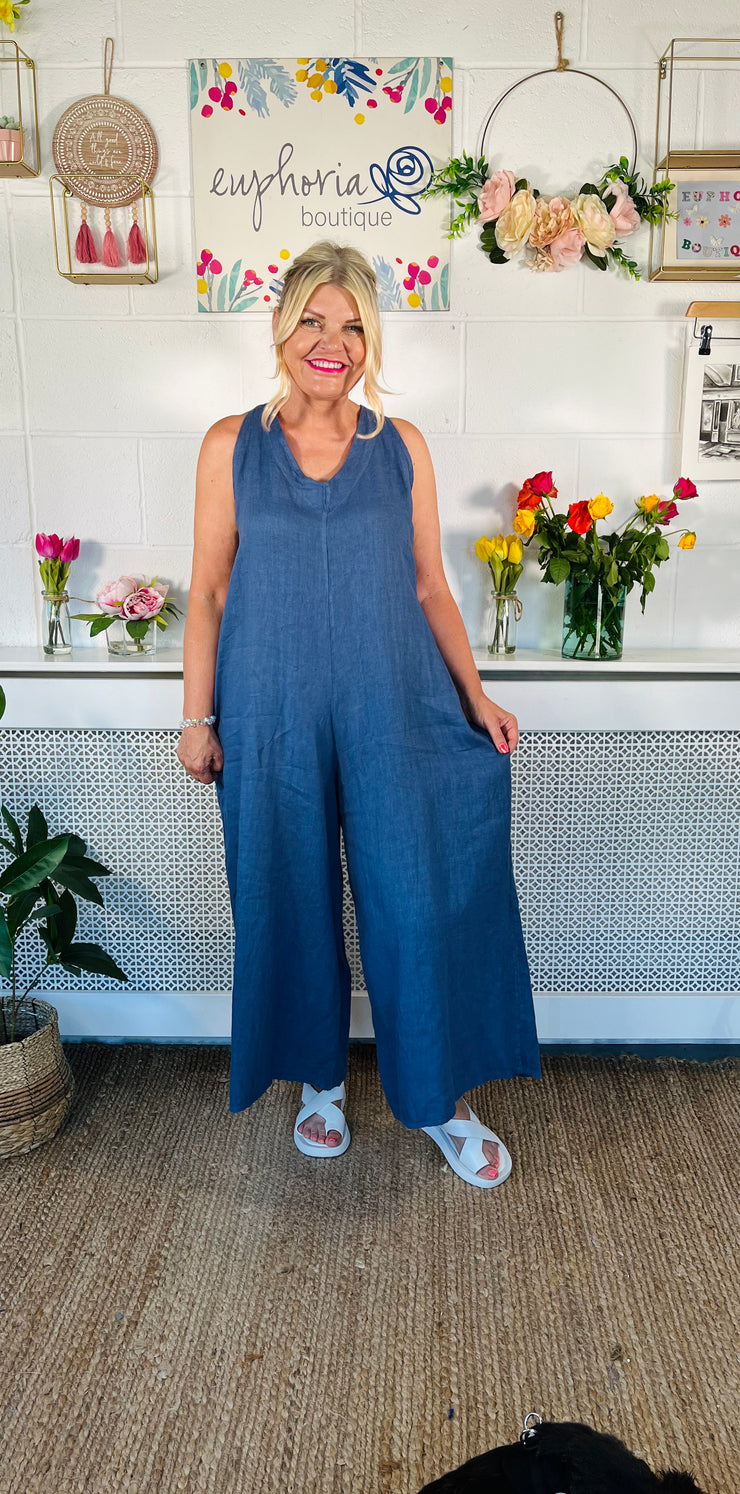 Macie Linen Jumpsuit - Denim Blue