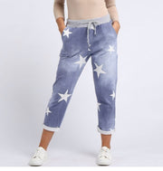 womens free size elasticsted star print jogger pants, with drawstring waist.